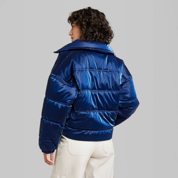 NEW! Women's Iridescent Shine Duvet Puffer Jacket Coat, Blue - Wild Fable - Picture 2 of 16